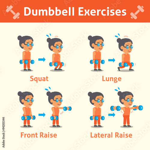 Cartoon set of old woman doing dumbbell exercise step for health and fitness