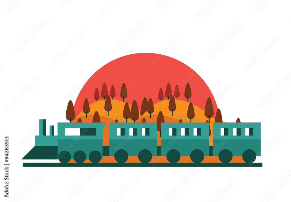 Train, Railway. forest landscape with sunset . Vector flat
