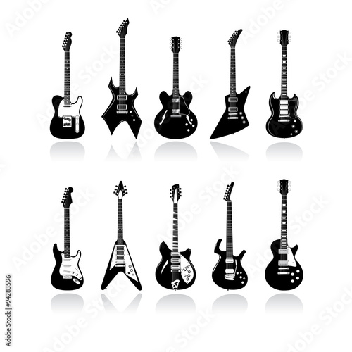 Ten guitars with reflections