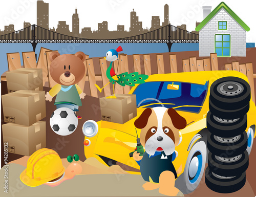 dog and a teddy bear in a junkyard.