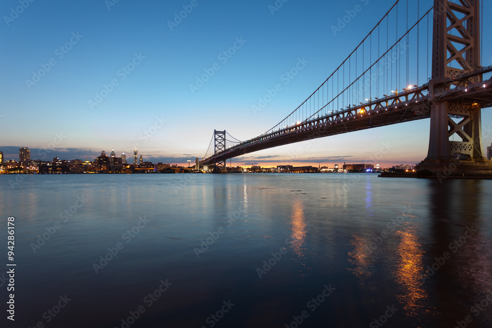 Ben Franklin Bridge at night seen from Camden, New Jersey