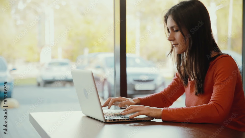 woman typing on laptop, smiling at cafe. Timelapse woman typing on laptop, smiling at cafe. Timelapse