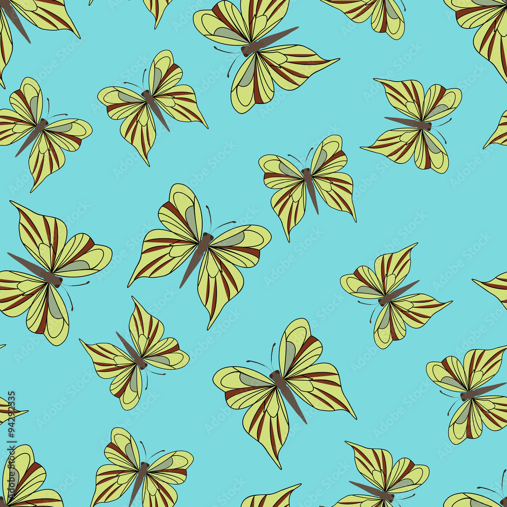 Seamless pattern with yellow butterflies on the blue background. Seamless pattern with yellow butterflies on the blue background.