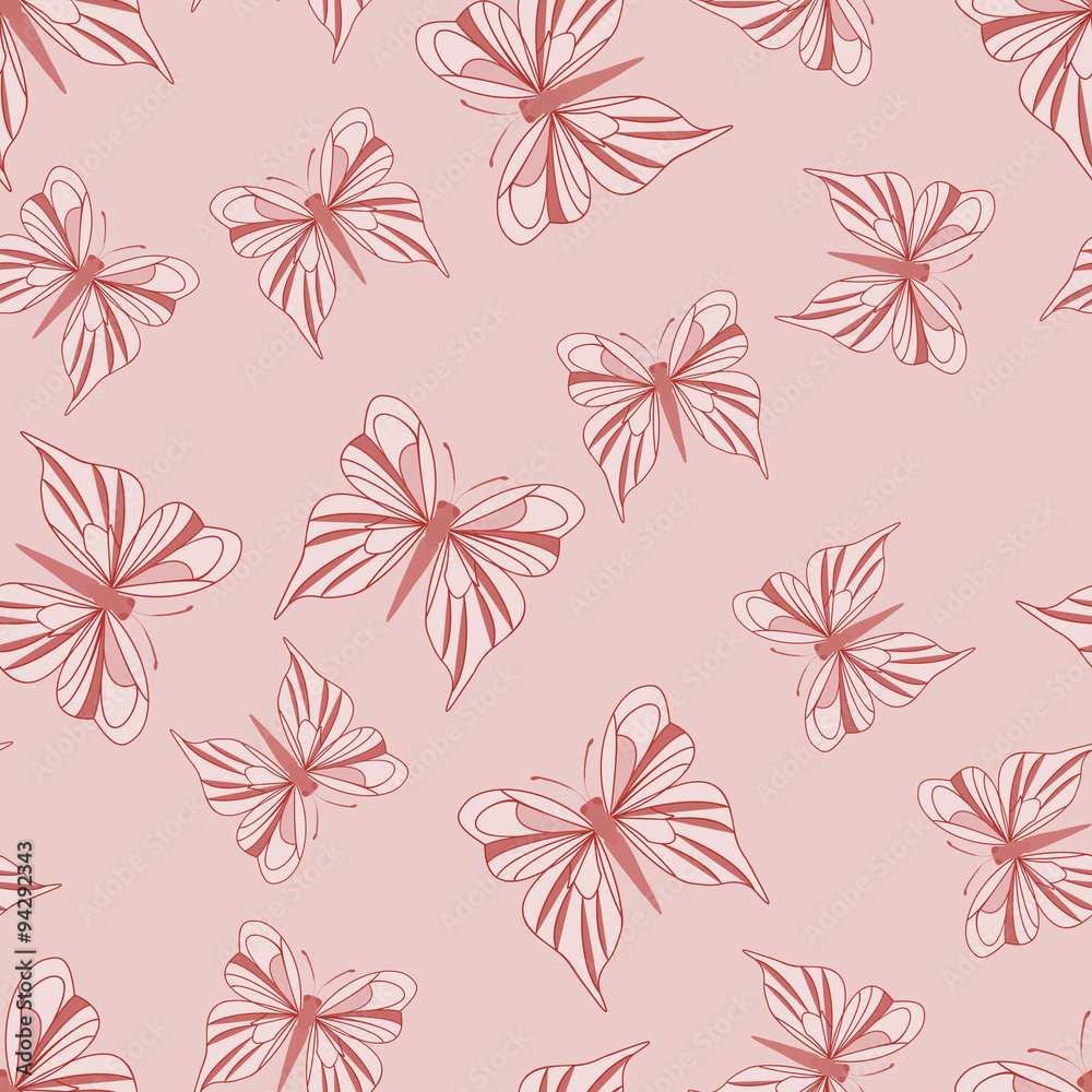 Fototapeta premium Seamless pattern with butterflies. Summer background. Vintage texture. Soft pink backdrop. Vector illustration.