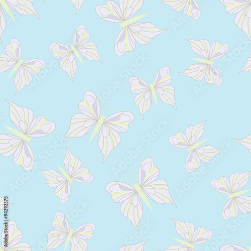 Seamless pattern with light pink butterflies on the blue background. Vintage texture. Summer backdrop. Vector illustration.