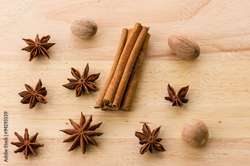 Cinnamon, anise and nutmeg on the table