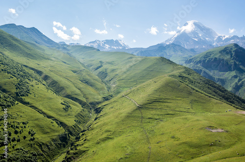 Aerial view in Greater Caucasus Mountains with Mount Kazbek, Georgia
