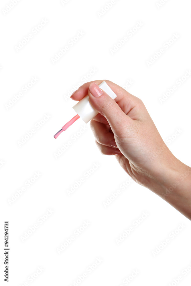 Female hand with nail polish isolated on white