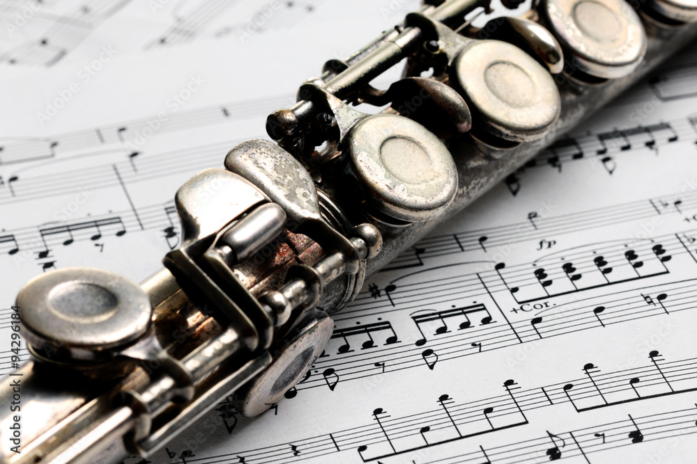 Obraz premium Old rusty silver flute on music notes
