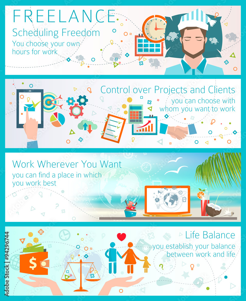 Concept of advantages of becoming a freelancer.  Flat design style. Scheduling freedom. Control over projects and clients. Life balance. Work while travel.