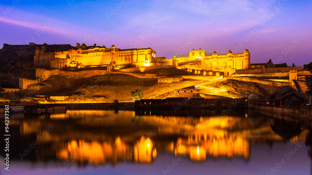 Amer Fort at night in twilight,  Jaipur
