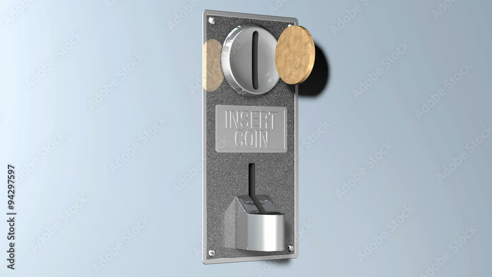 A closeup of a vintage metal coin slot mechanism with a coin being inserted in the slot on an isolated background