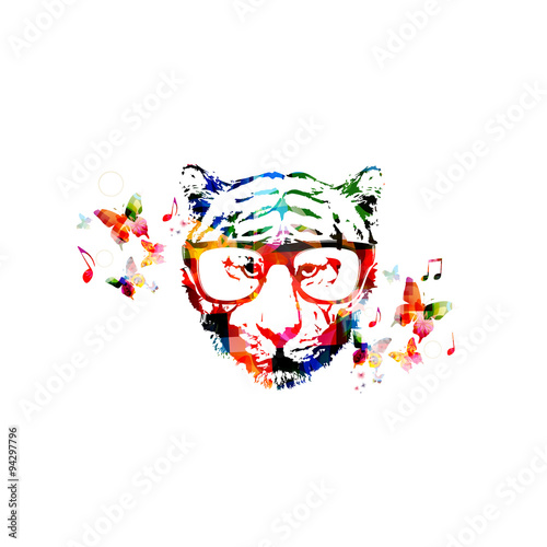 Fototapeta Naklejka Na Ścianę i Meble -  Colorful tiger head with glasses close up