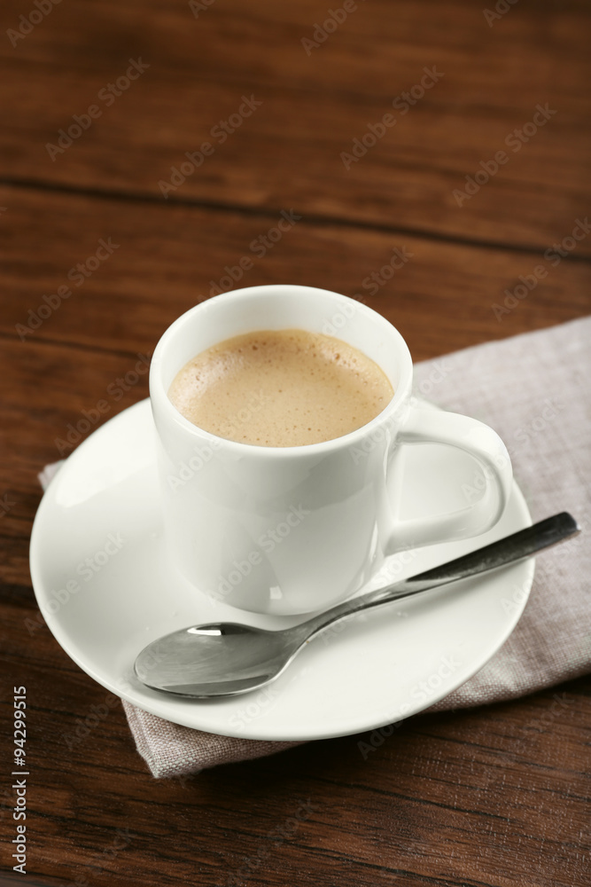 Cup of coffee on table close up