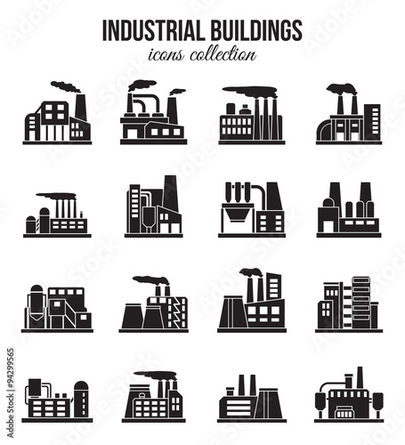 Set of industrial manufactory buildings icons set. Plant and