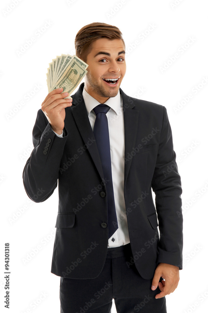 Elegant man in suit holding money isolated on white Elegant man in suit holding money isolated on white