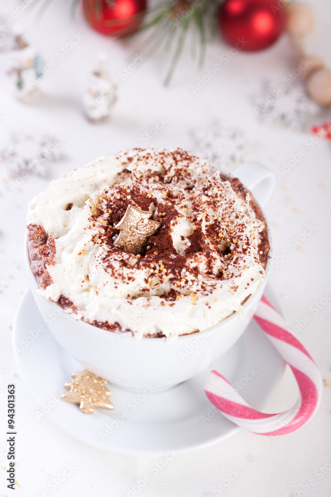 Christmas hot chocolate drink with whipped cream. Christmas hot chocolate drink with whipped cream.