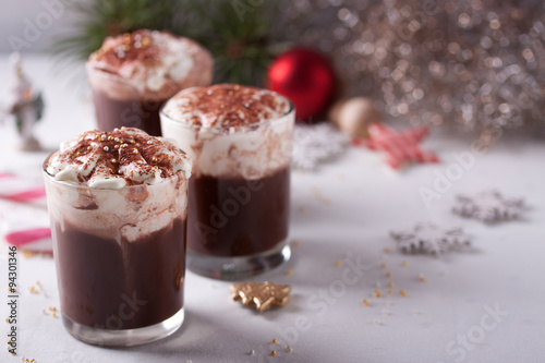 Christmas hot chocolate drink with whipped cream.