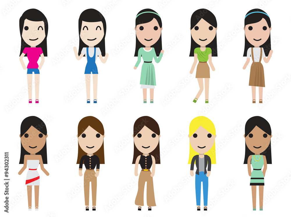 casual set woman characters with long hair in flat style