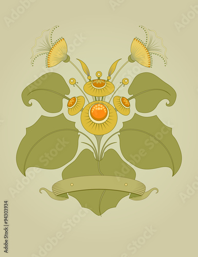 Bush of the coltsfoot. Ornamental plants stylization. Image with ribbon for text. 
Registration for the pharmacy theme.