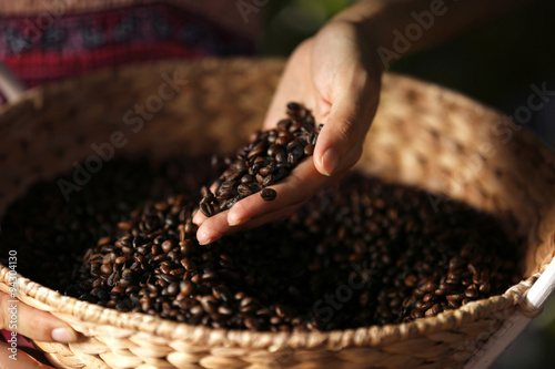 Female hand touching coffee beans in the basket