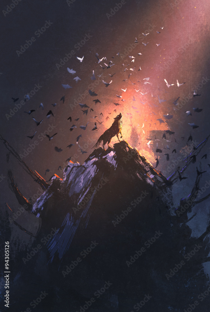 Fototapeta premium howling wolf on rock with bird flying around,illustration painting