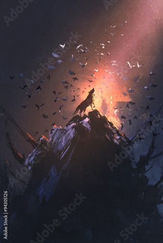 Fototapeta wyjący wilk na skale z ptakiem latającym, malowanie ilustracji