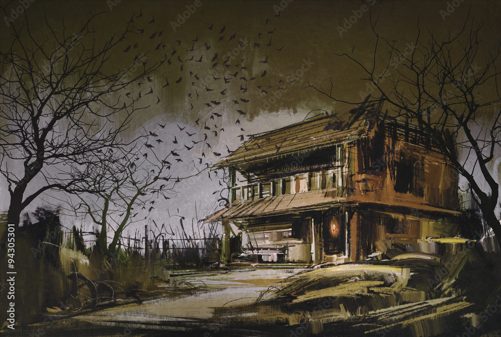 Naklejka premium painting of old wooden abandoned house,halloween background