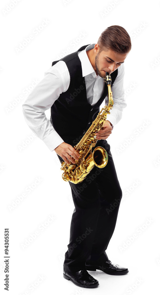 Obraz premium Happy saxophonist plays music on sax in elegant suit on white background