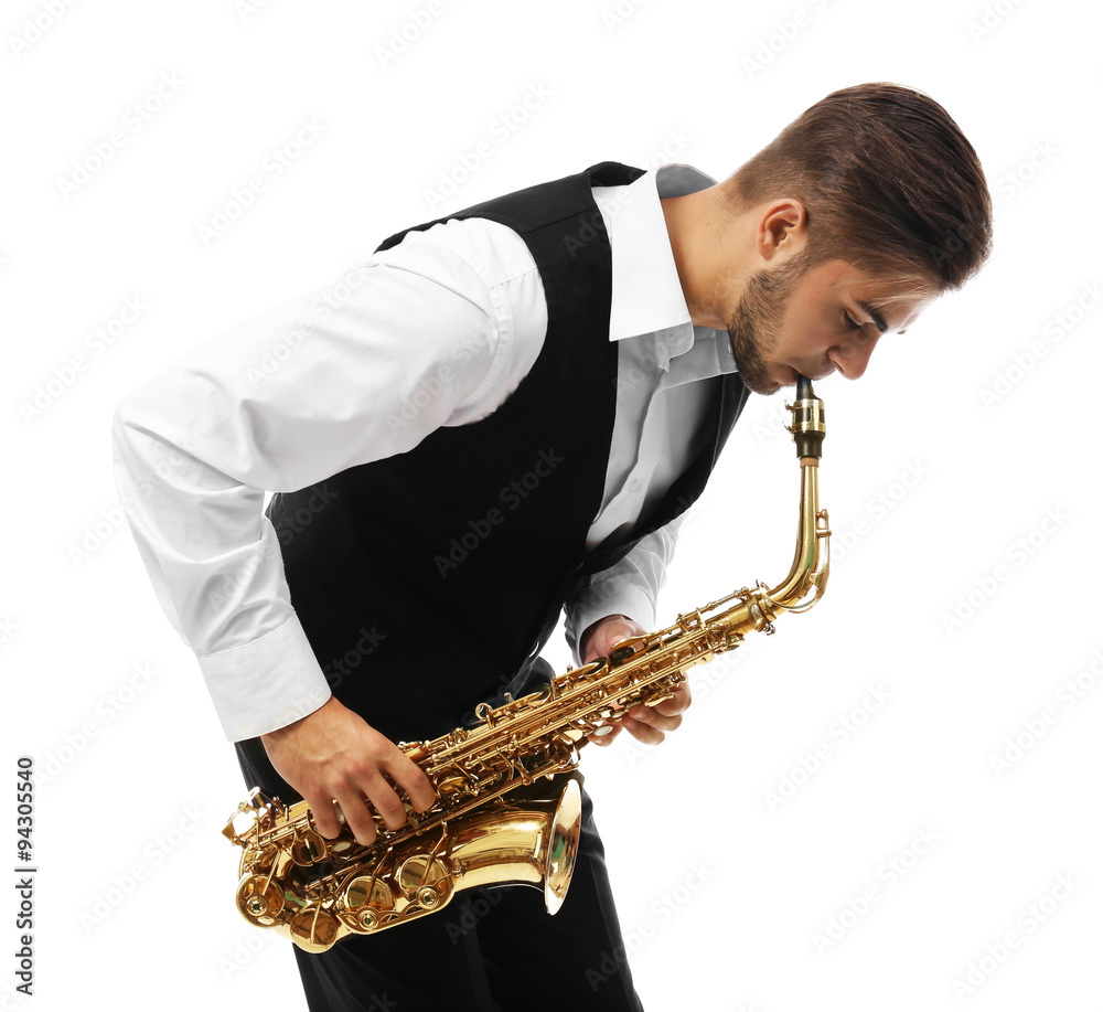 Fototapeta premium Happy saxophonist plays music on sax in elegant suit on white background