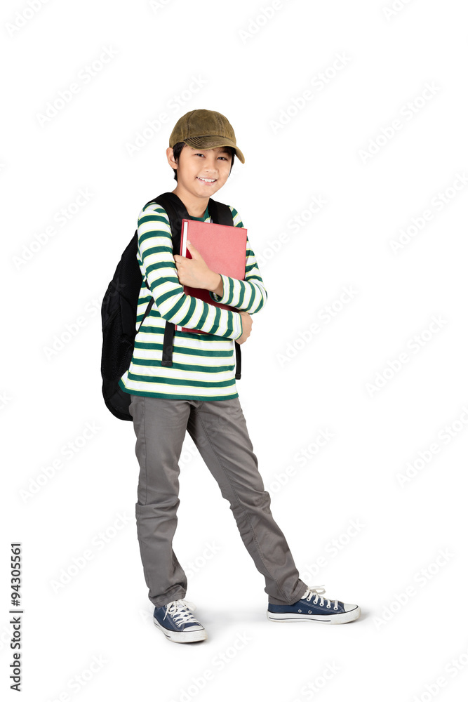 Asian boy standing and holding books, Isolated over white Asian boy standing and holding books, Isolated over white