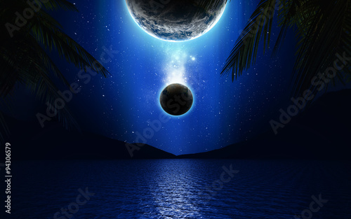 Fototapeta Naklejka Na Ścianę i Meble -  3D Science fiction landscape with planets over a lake