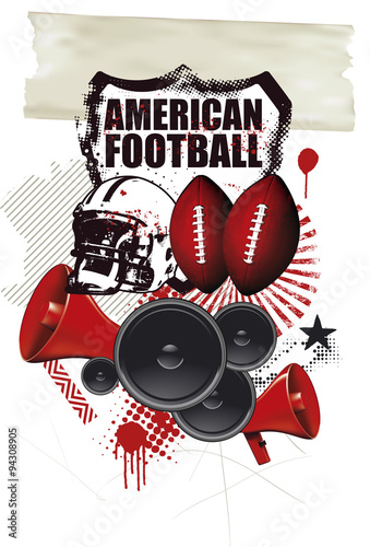 american football shield and banner with many objects
