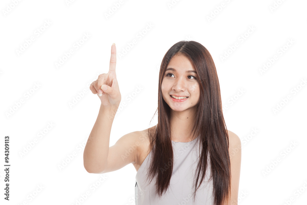 Beautiful young Asian woman use her finger touch a screen Beautiful young Asian woman use her finger touch a screen