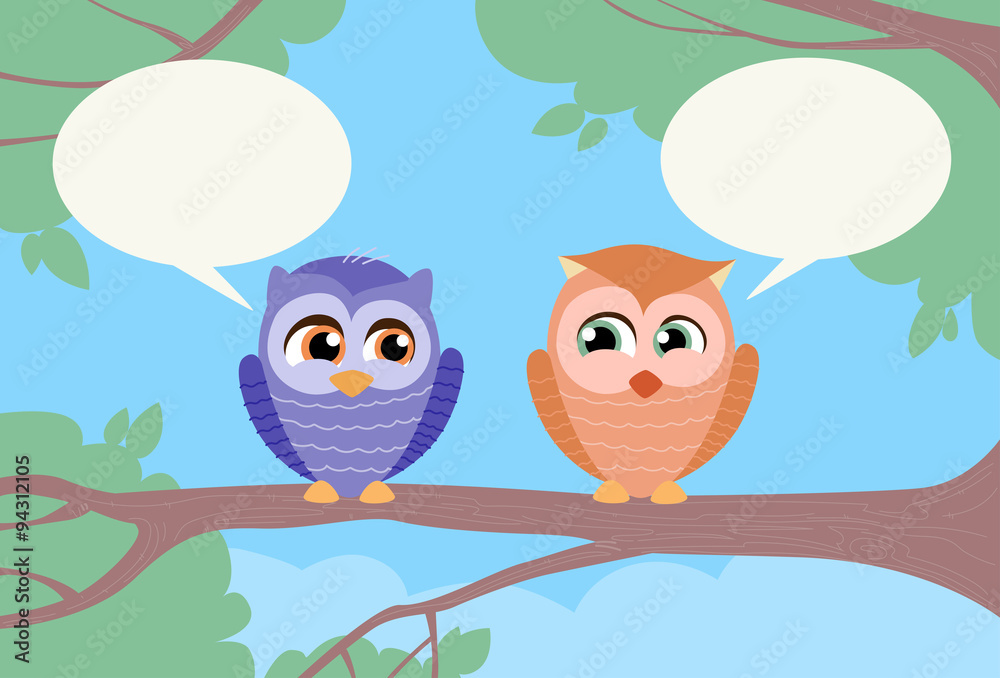 Obraz premium Two Owls Chat Communication Sitting on Branch
