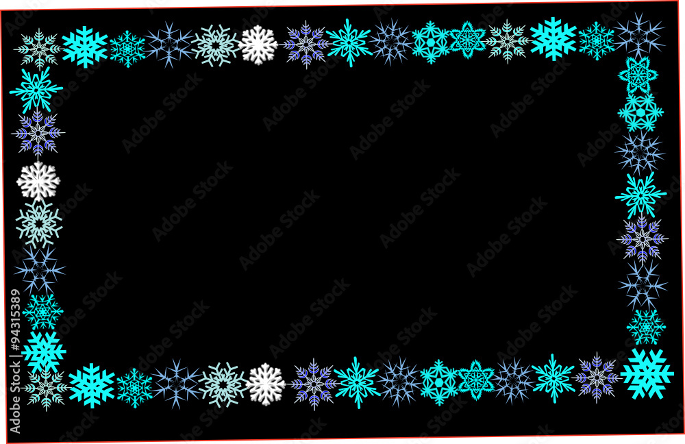 Fototapeta premium Rahmen aus Schneeflocken in türkis auf schwarz