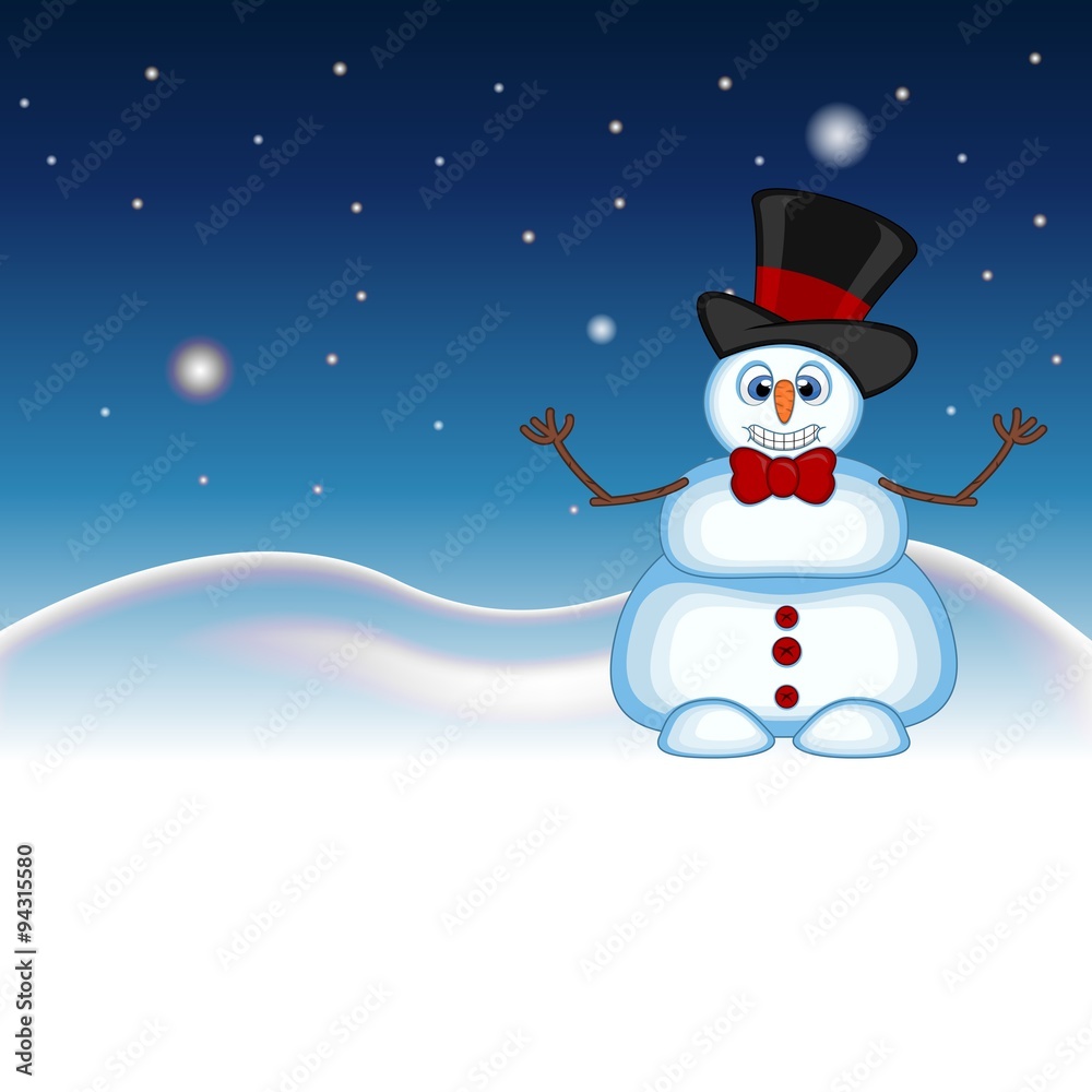 Snowman wearing a hat hat and bow ties waving his hand with star, sky and snow hill background for your design vector illustration
