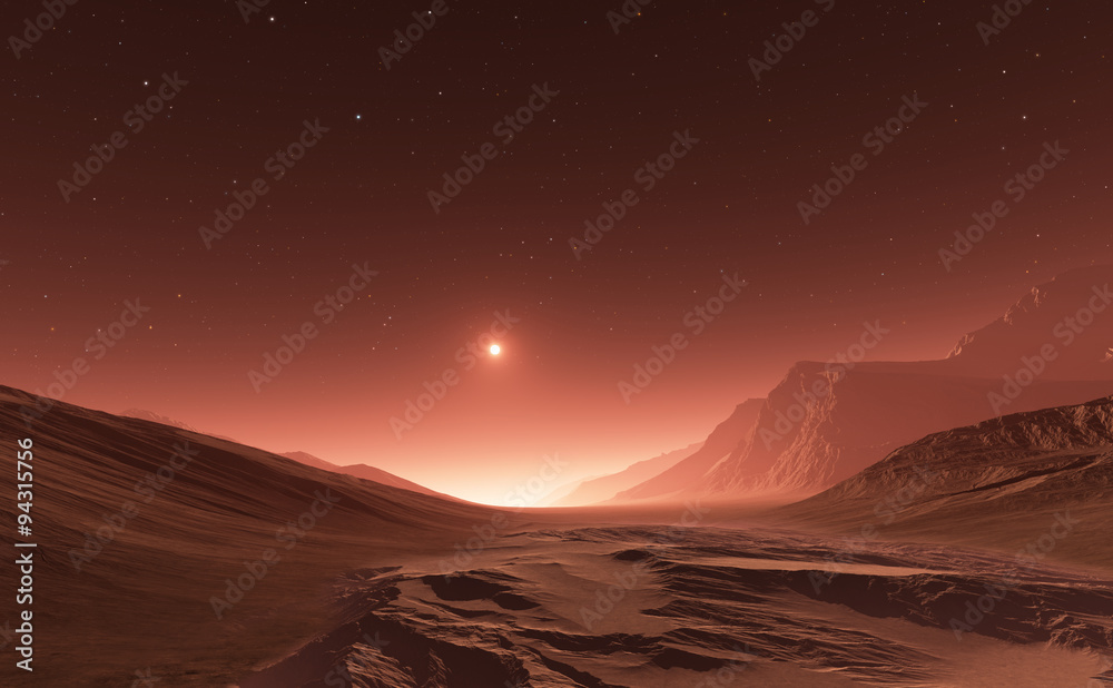 Fototapeta premium Sunset on Mars. Mars mountains, view from the valley