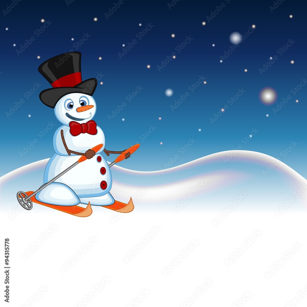 Snowman wearing a hat and a bow ties is skiing with star, sky and snow hill background for your design vector illustration