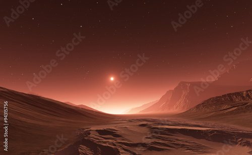 Fototapeta Naklejka Na Ścianę i Meble -  Sunset on Mars. Mars mountains, view from the valley