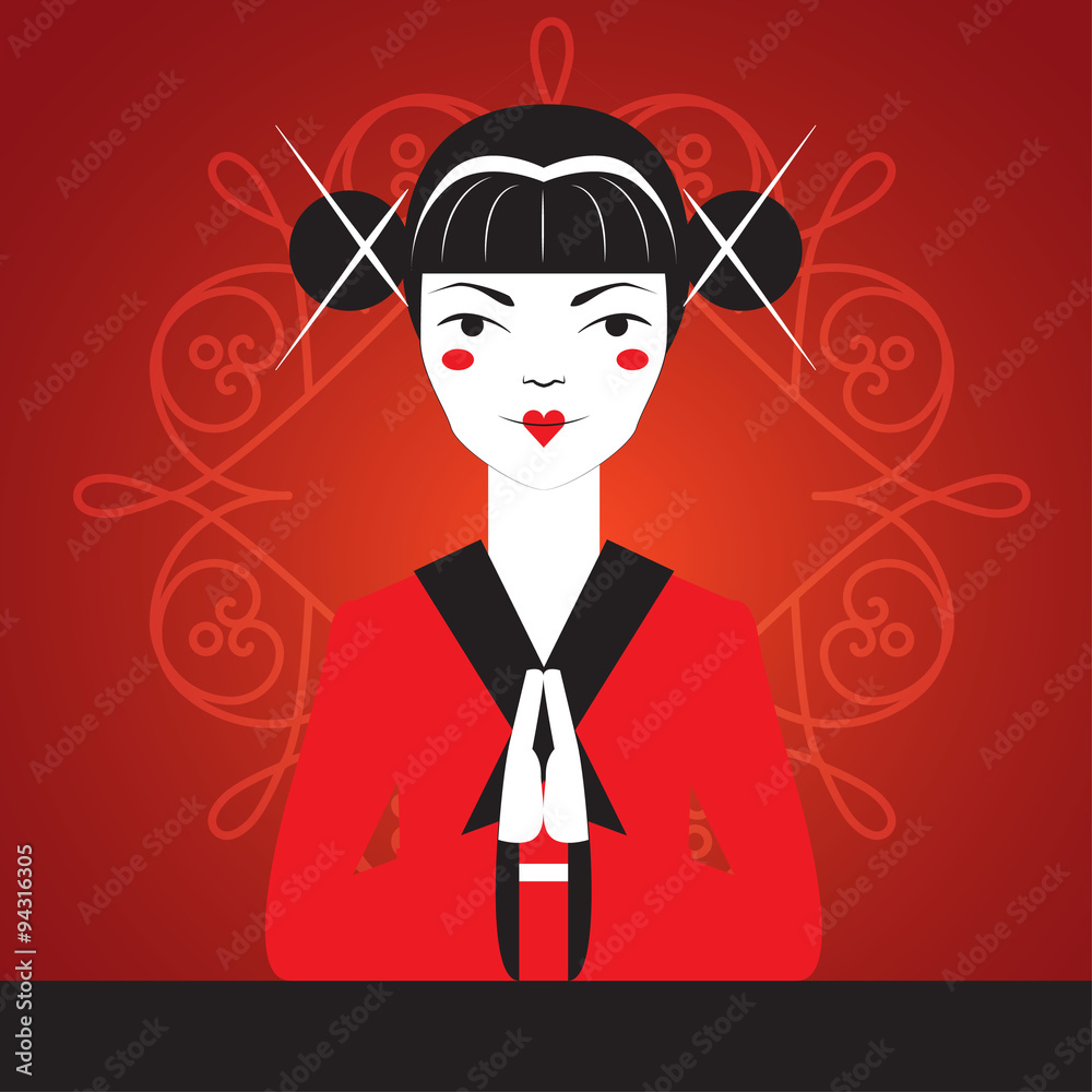 Japanese girl greets the visitor bowed, hands clasped palm to palm. Japanese girl greets the visitor bowed, hands clasped palm to palm.