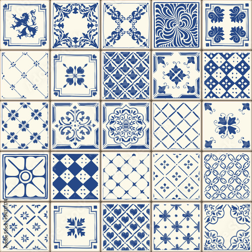 Indigo Blue Lisbon Paint Tile Floor Oriental Spain Azuejos Ornament Collection Seamless Patchwork Pattern Colorful Portugal Ceramic Tilework Vintage Illustration background Vector Pattern Azulejo