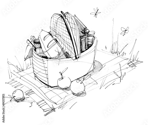 Picnic Basket on the Grass. ink. Illustration