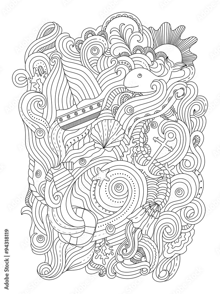 Nautical pattern. Adult coloring page