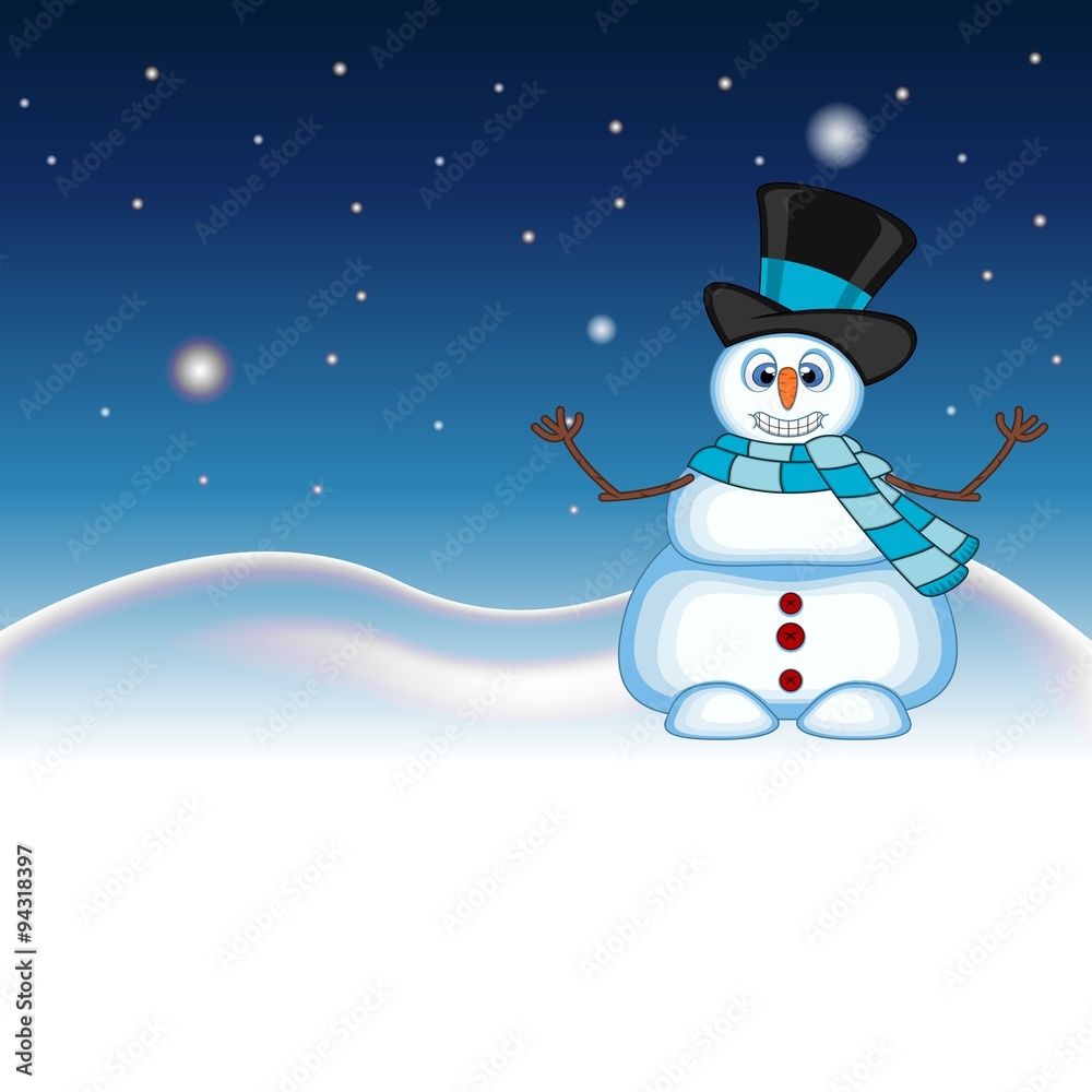 Snowman wearing a hat and blue scarf waving his hand with star, sky and snow hill background for your design vector illustration