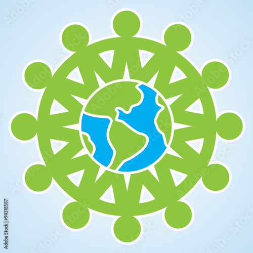 The people are holding their hands to each other around the planet Earth. vector unity eco icon isolated illustration element
