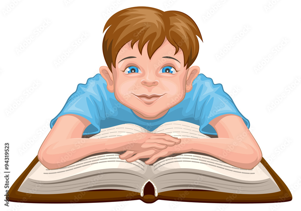 Boy reading book. Child sits in front of an open book Boy reading book. Child sits in front of an open book
