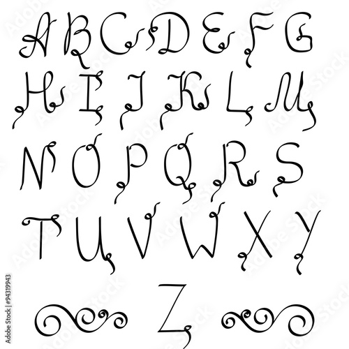 Alphabet letters handwritten font. handwritten letters with curl at the end of the letter