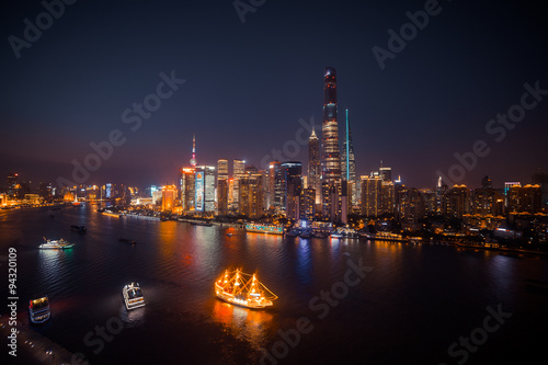 Photography Panorama view of Shanghai city scape at night time. Aerial