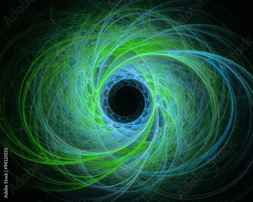 Abstract fractal design. Multiple green spirals on black.